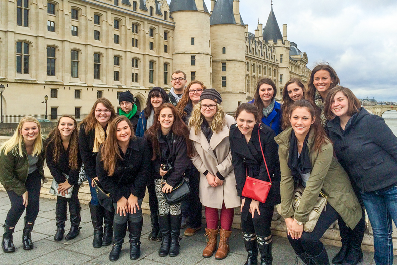 Elmhurst University students pose for a group photo while on a Study Abroad Trip in France.