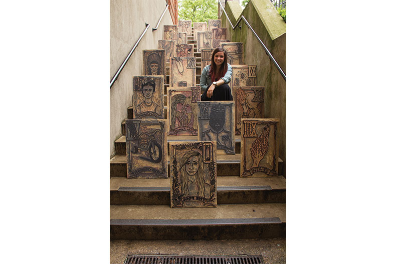 Woodblock art complete by a fine art major as part of the bachelor of fine art program at Elmhurst College.