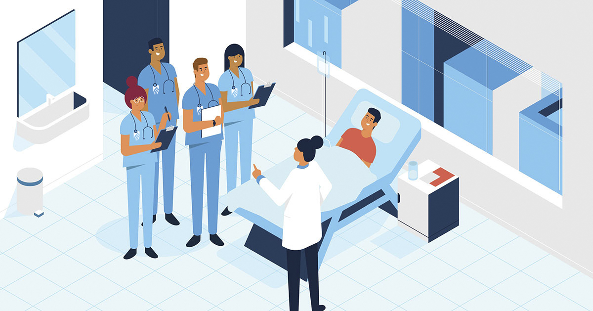 An illustration of a doctor answering "How long does it take to become a nurse?" to a group of students in a medical setting.