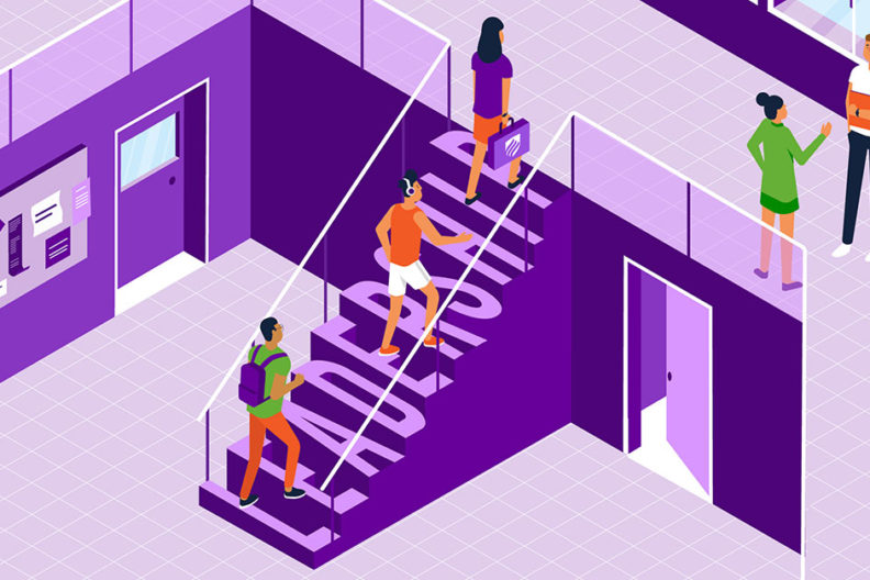 An illustration of students walking up steps that spell out teacher leadership.