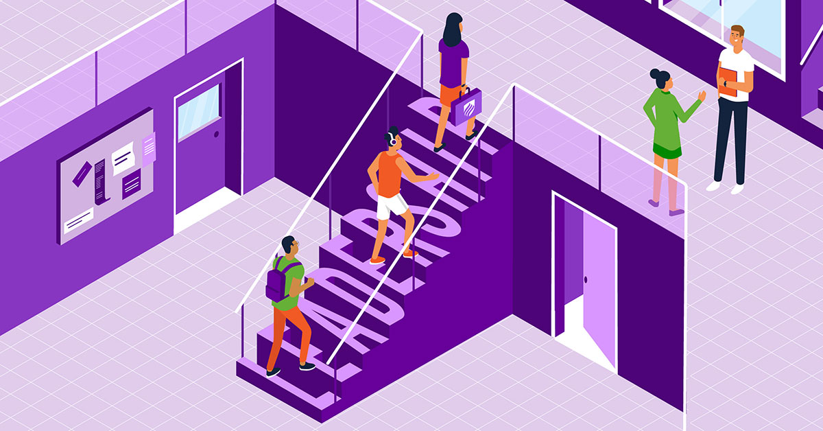 An illustration of students walking up steps that spell out teacher leadership.