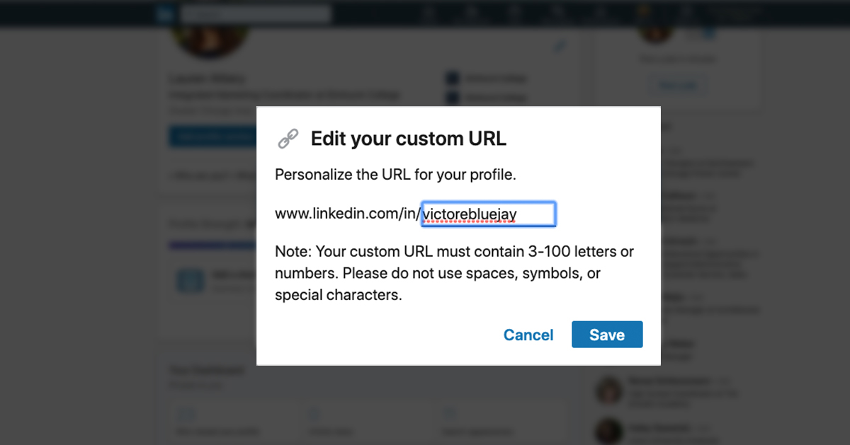 A screenshot of the "edit your custom URL" function on a LinkedIn profile.