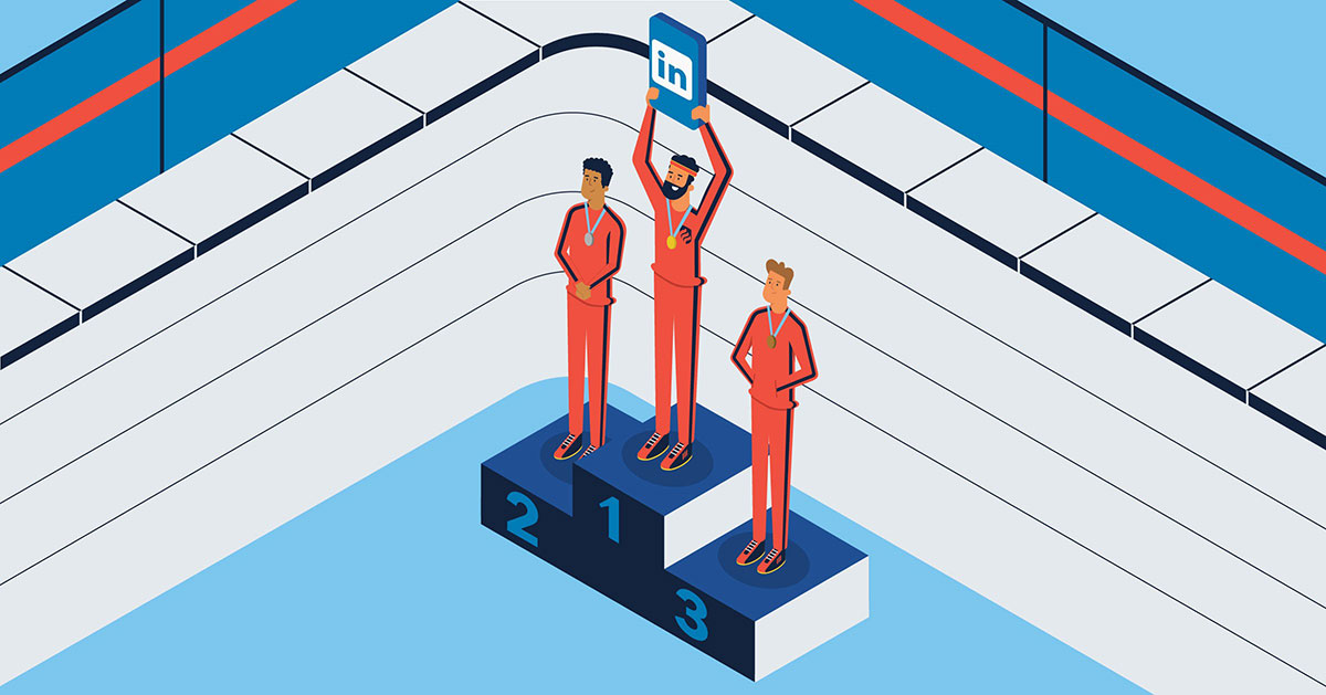 An illustration of students rewarded with medals for using LinkedIn profile tips to succeed in the job race.