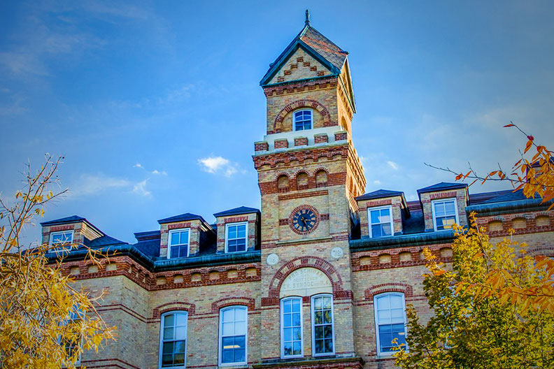 The spire of Old Main on the campus of Elmhurst College.