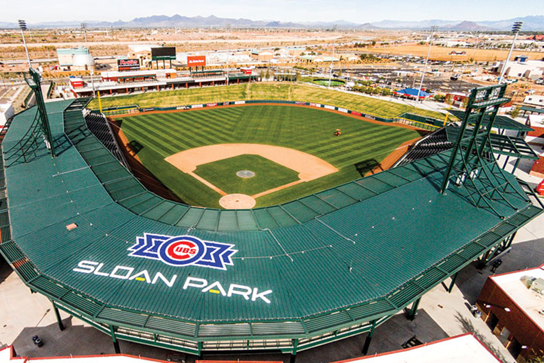 An aerial photo of Sloan Park baseball stadium in Mesa, Arizona.