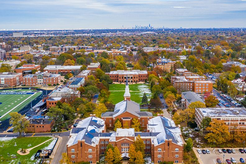 An aerial photograph of Elmhurst College, looking east from behind West Hall.