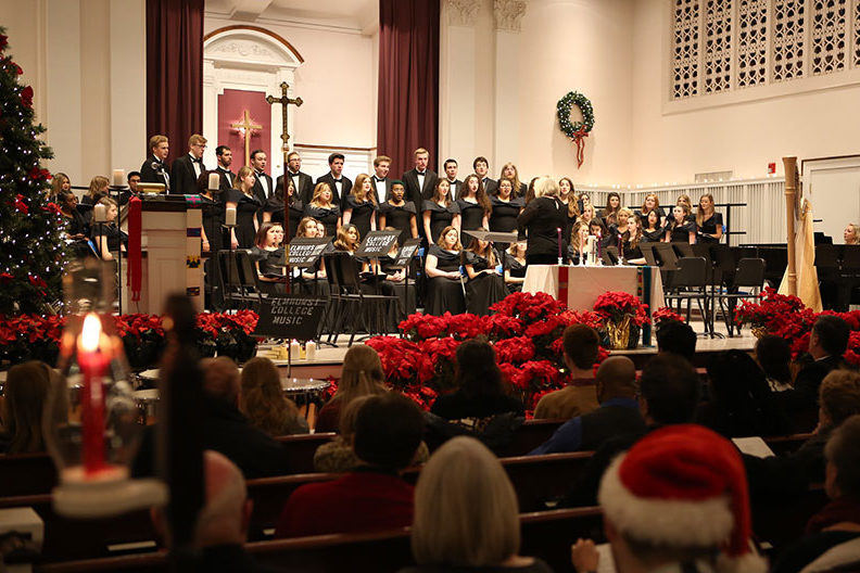 Elmhurst College choir and orchestra members perform for a festive audience at the 2018 Festival of Lessons and Carols inside Hammerschmidt Memorial Chapel.
