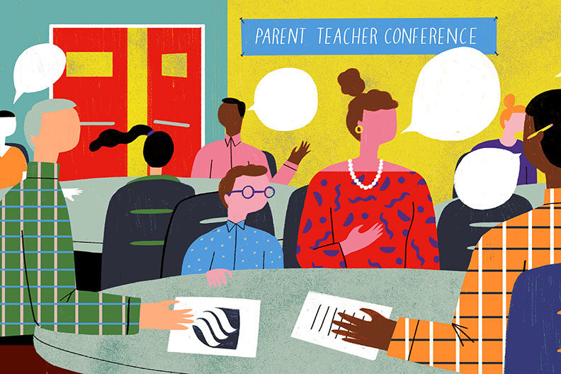 A colorful illustration featuring the parents of students talking to teachers at a parent teacher conference.