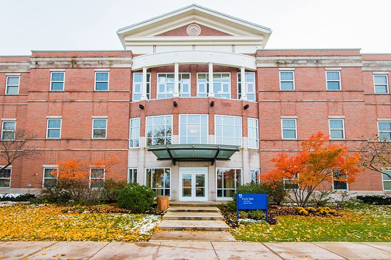 A photo of the exterior of Circle Hall on the campus of Elmhurst College.
