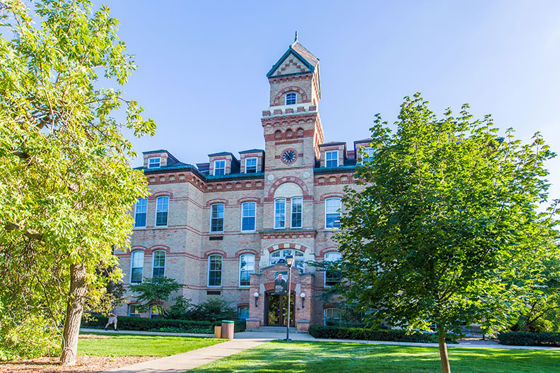 A photo of the exterior of Old Main on the campus of Elmhurst College.