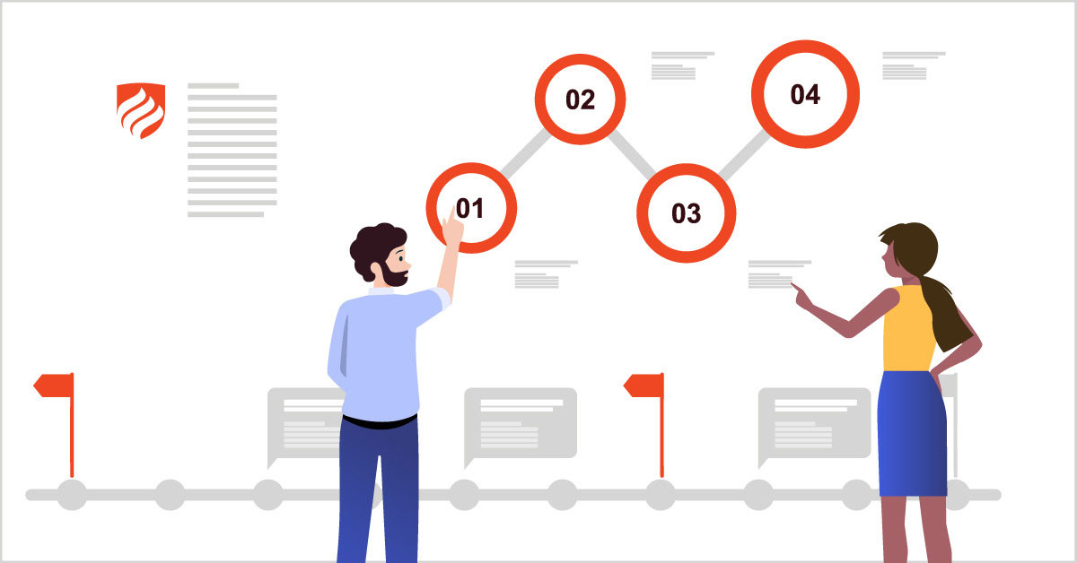 An illustration shows two project managers determining the critical path in project management by laying out all the tasks in their job from start to finish.