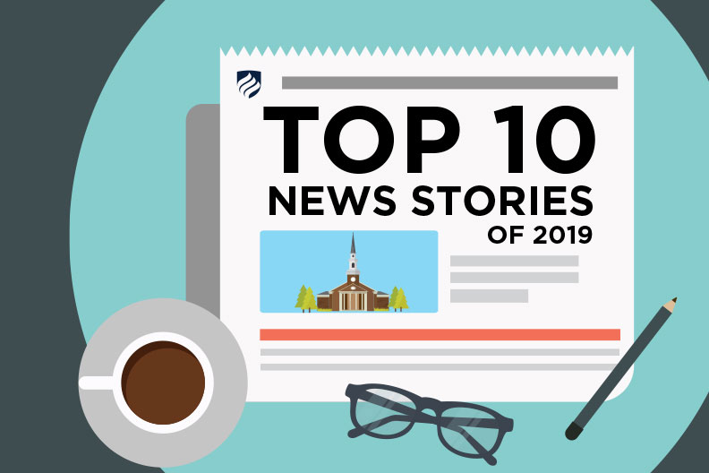 An illustration shows a newspaper with the headline "Top 10 News Stories of 2019."