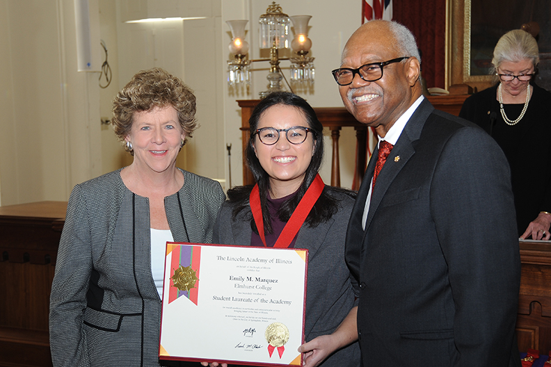 Elmhurst University student Emily Marquez, center, was named the school's Lincoln Laureate in 2019.