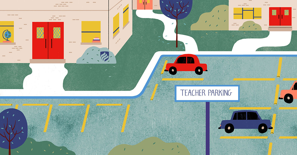 An illustration that shows a mostly empty parking lot for teachers. The so-called teacher shortage grabs headlines nationwide, but only by focusing on how teachers are supported in their careers will we address the problem.