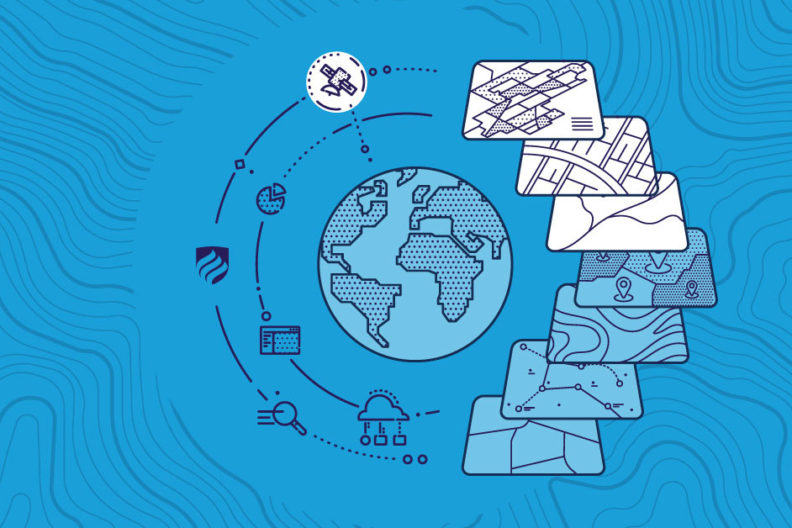 A blue illustration that shows the crucial skills for a GIS analyst to have, including coding and knowledge of geographic information systems.