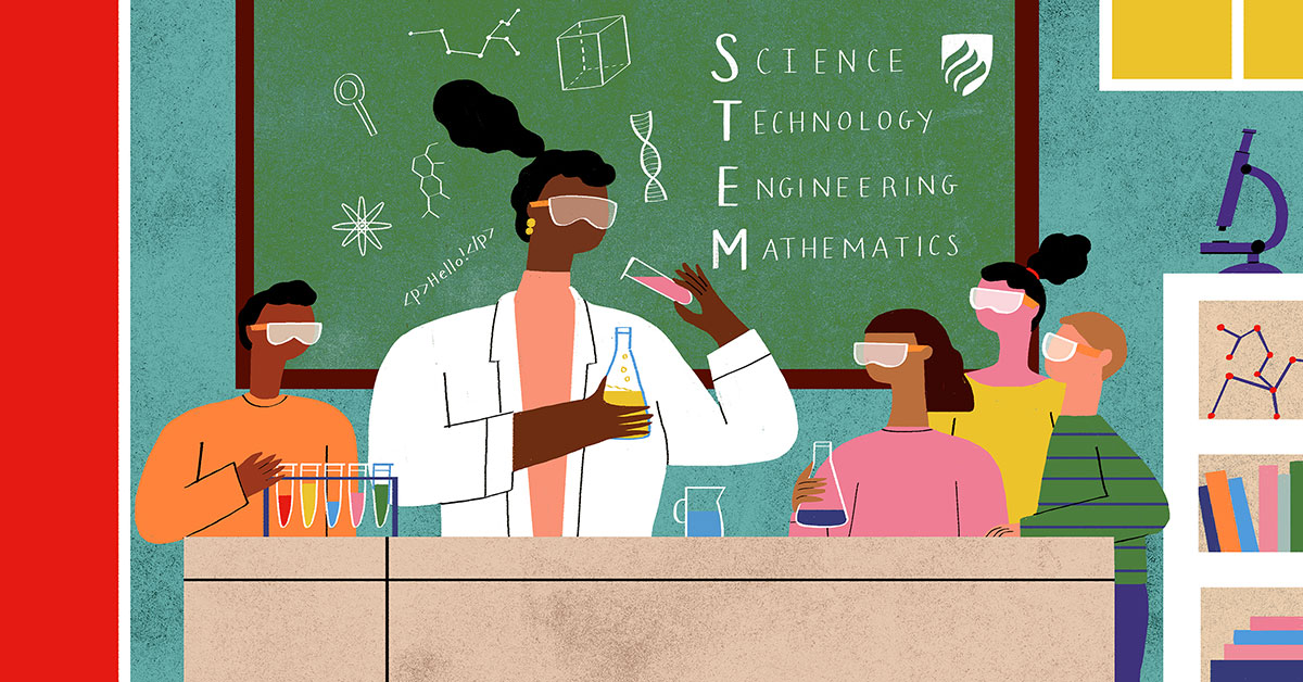 An illustration of a science teacher performing an experiment with her class. Well-trained STEM teachers are critical to our education system.