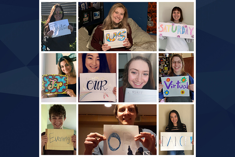 A collage of dance students holding signs saying "Join us Saturday for our first virtual evening of dance!"