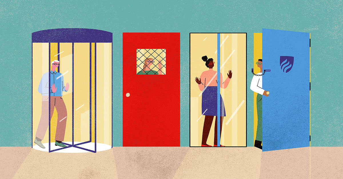 The challenges of teacher retention are represented in this illustration of four different types of doors, with teachers blocked by each one.