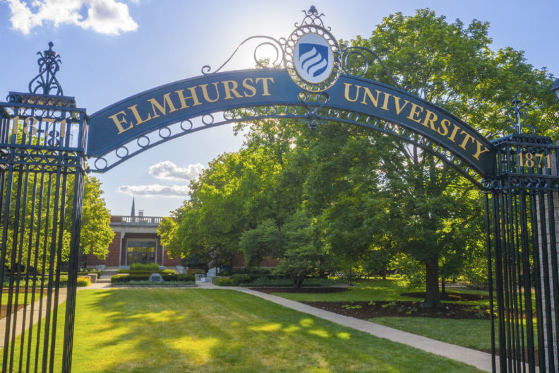 A photo of the Elmhurst University "Gates of Knowledge" at the University's East entrance.