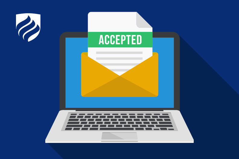 Illustration showing a laptop with an open letter on screen that reads "Accepted."