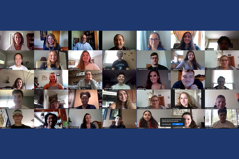 A screenshot shows Elmhurst University students in Zoom panels during a virtual course on COVID-19.