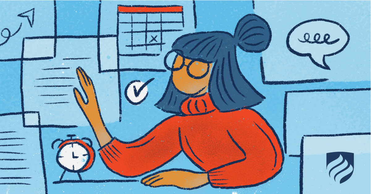 This illustration of a woman at her desk shows how the Agile Project Management method can help you keep projects organized and on-time.