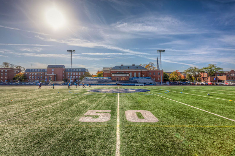 A photo of the 50 yard line at Elmhurst University's Langhorst Field.