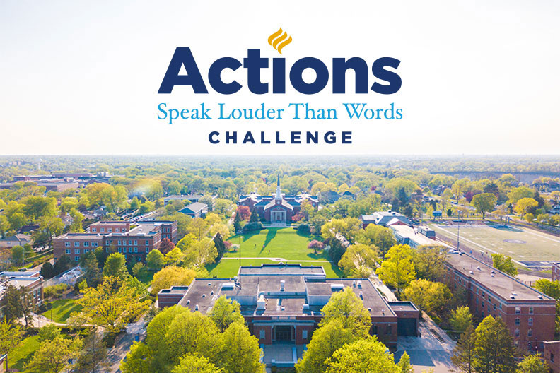 The Elmhurst University Actions Speak Louder Than Words Challenge Logo is placed on a background photo that is an aerial photograph of the campus.