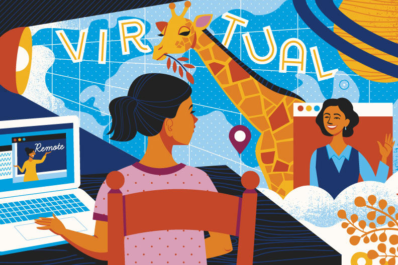 An illustration shows the advantages of virtual learning, including virtual field trips and projects, over the tied-to-a-laptop approach of remote learning.