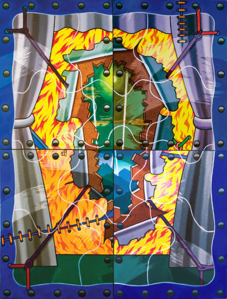 Troubled Sleep, a 1974 painting by Art Green, features a window frame with drawn curtains, revealing four shattered layers of elemental motifs such as fire and blue mountains.
