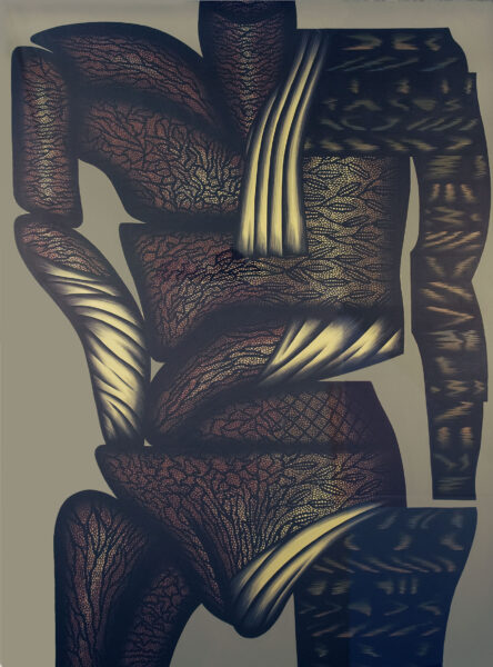 Double Hesitation, a painting by Christina Ramberg, features heavy brown and bronze tones in its abstract depiction of a human torso.