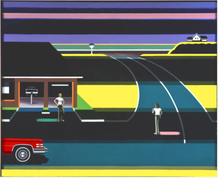Herb’s Texaco III, an oil painting by Sandra Jorgensen, uses the artist's signature geometric lines and bright colors to depict a Texaco gas station.