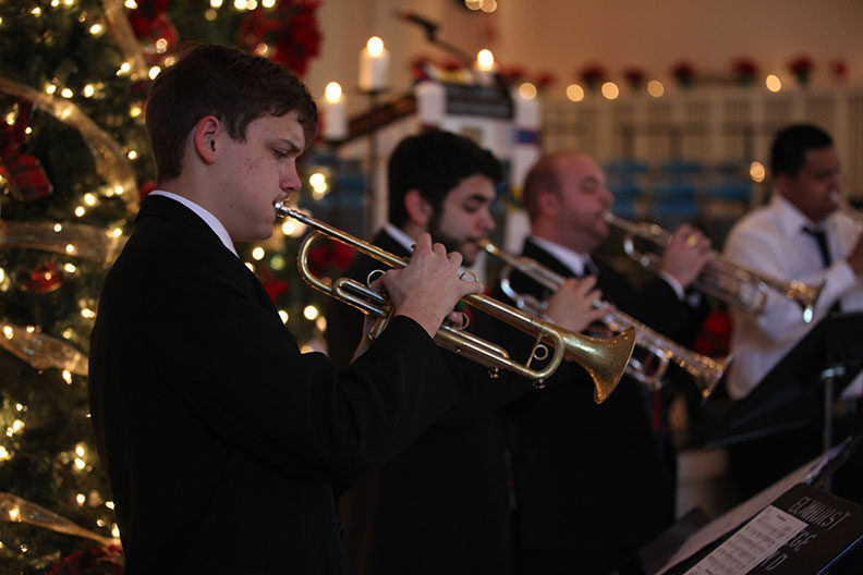 Three trumpet players perform during the Elmhurst University Festival of Lessons and Carols.