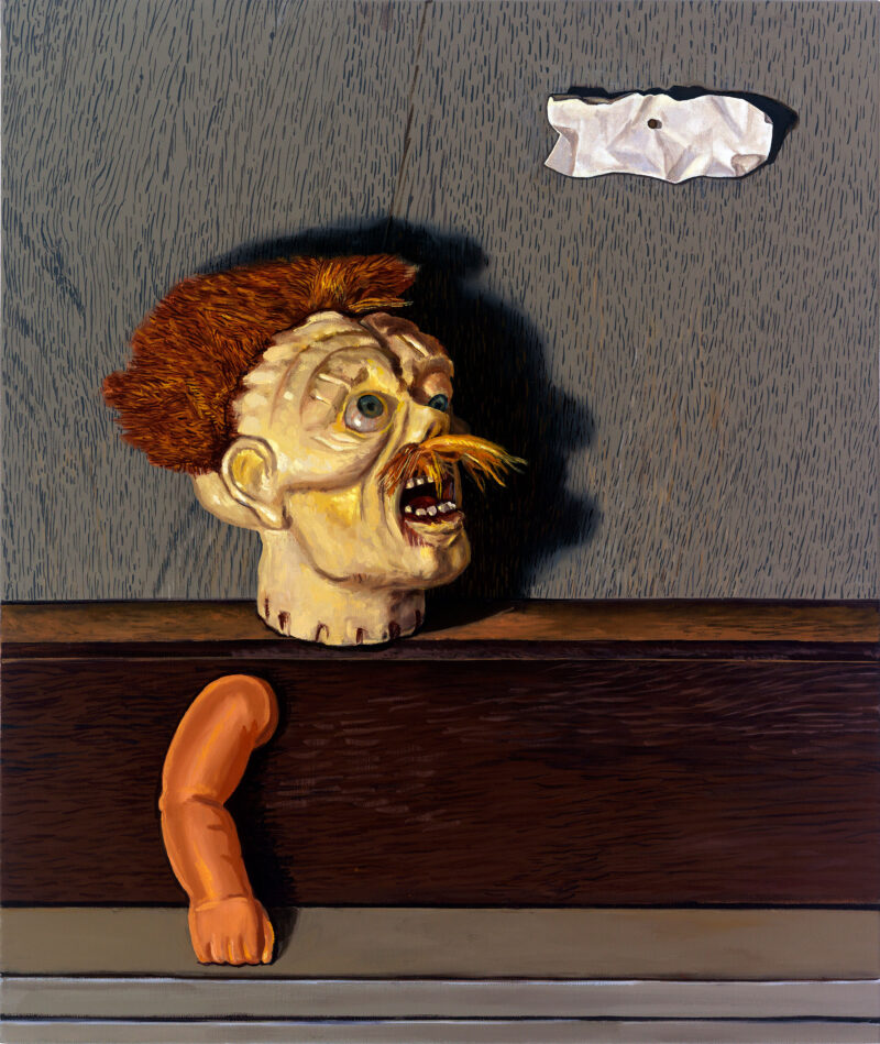 Faust, a 2010 painting by Frank Trankina, features a disembodied head and arm emerging from a brown background. The head looks up at a crumpled piece of paper in the air.