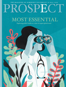 The cover of the Fall 2020 issue of Elmhurst University's Prospect magazine features an illustration of a woman in medical dress looking through a pair of binoculars.