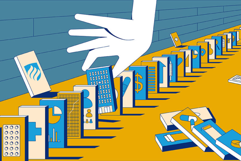 In this illustration representing the field of healthcare administration, different aspects of health care are lined up like dominos, with a hand reaching down to pick one of them up.