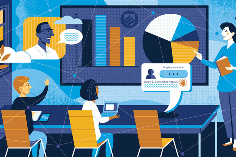 An illustration featuring in-person students and the chat box of a student attending school virtually shows just how important new teaching strategies will be for a permanent return to physical classrooms.