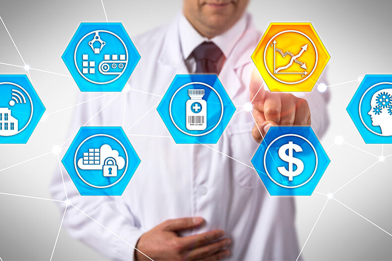Photo illustration of icons representing the medical supply chain.