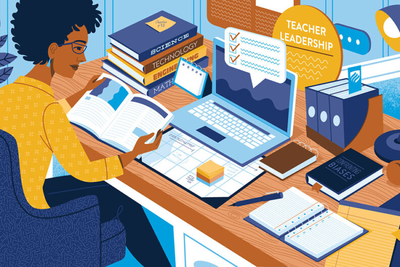 An illustration of a woman teacher sitting at a desk filled with teacher leadership resources, books and her laptop. The words "Teacher Leadership" can be seen in the background.