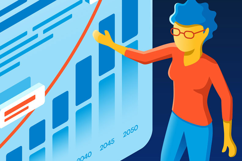 An illustration of a woman wearing red glasses and presenting a series of business forecasts and graphics displayed on a floating board.