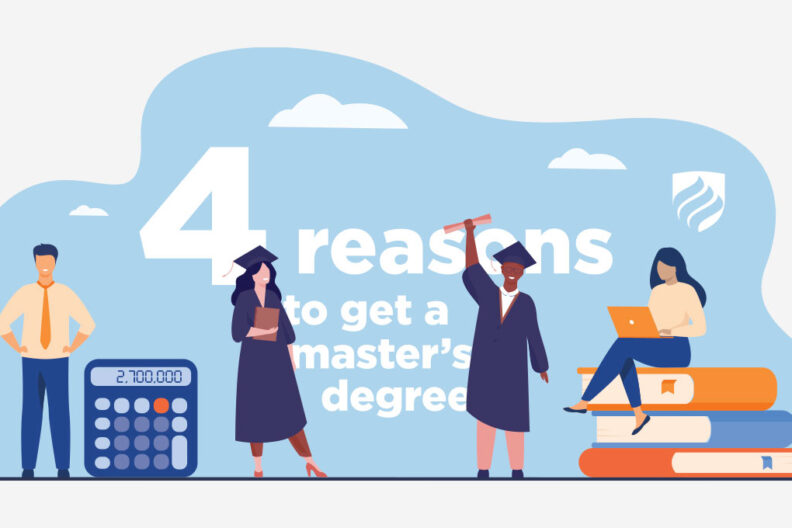 An illustration of students in their graduation caps and gowns with the words "4 Reasons to Get a Master's Degree" in the background.