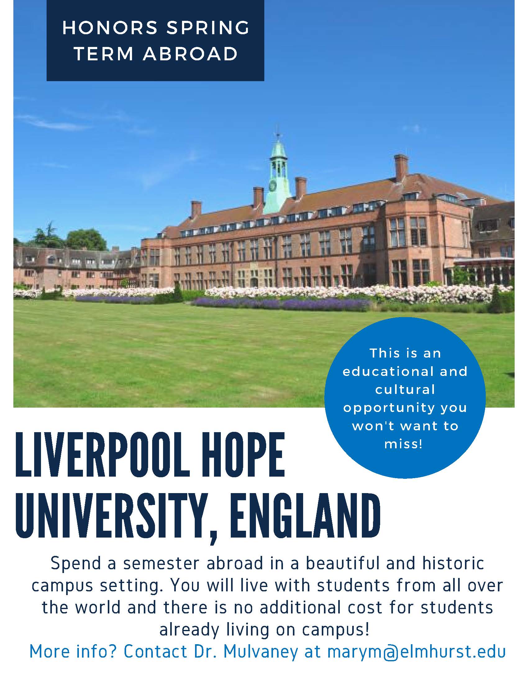 An image link to a PDF informational flyer about Elmhurst University's Study Abroad Program with Liverpool Hope University in the UK.