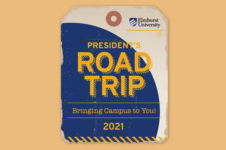 Illustration of a luggage tag that reads "President's Road Trip 2021."