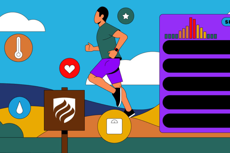 Illustration of a jogging man surrounded by different icons that factor into the answer to the question: What is population health?
