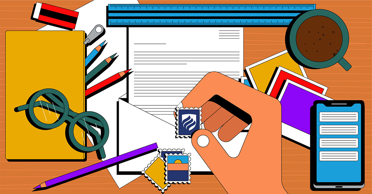 Illustration shows a hand holding a stamp, preparing to mail grad school letters of recommendation.