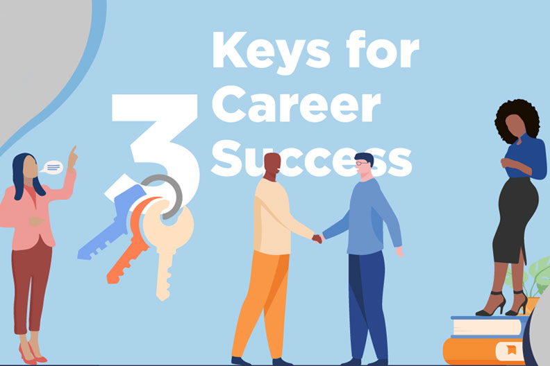 An illustration with the headline "3 Keys for Career Success." A set of keys dangles off of the "3."
