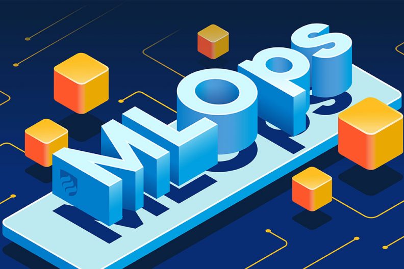 An illustration with the word "ML Ops" in blue 3-D box lettering. ML Ops is a system for deploying machine learning efficiently.