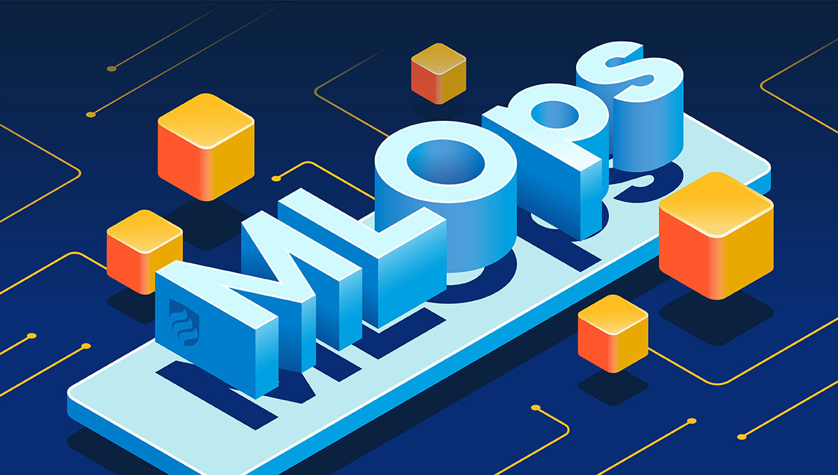 An illustration with the word "ML Ops" in blue 3-D box lettering. ML Ops is a system for deploying machine learning efficiently.