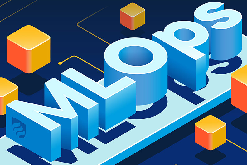 An illustration with the word "ML Ops" in blue 3-D box lettering. ML Ops is a system for deploying machine learning efficiently.