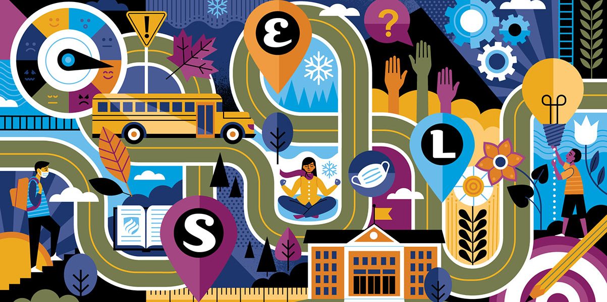 A colorful illustration shows a winding road to social emotional learning in schools. The letters "S," "E" and "L" are inside of map pins along the road.